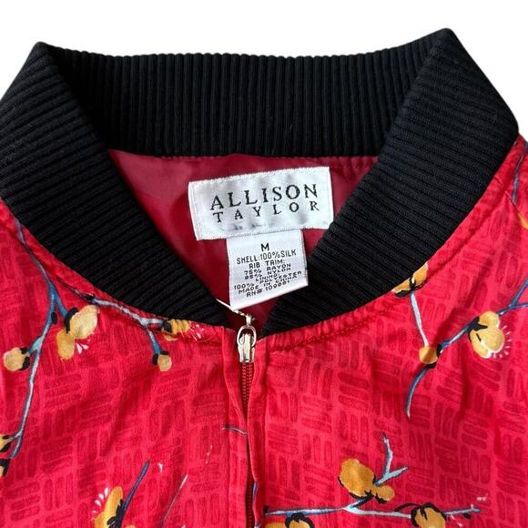 Allison Taylor Red Silk Cherry Blossom Bomber Jacket Size M full zip pocket - Picture 4 of 8